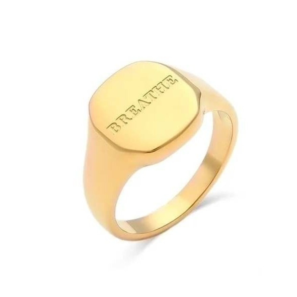 18k Gold Plated‎ Stainless Steel Signet Ring Engraved BREATHE Minimalist Size 7